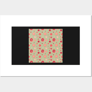 Red flowers on sage green pattern Posters and Art